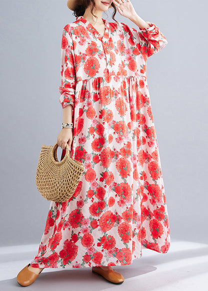 Red Oversized Print Cotton Holiday Dresses Spring