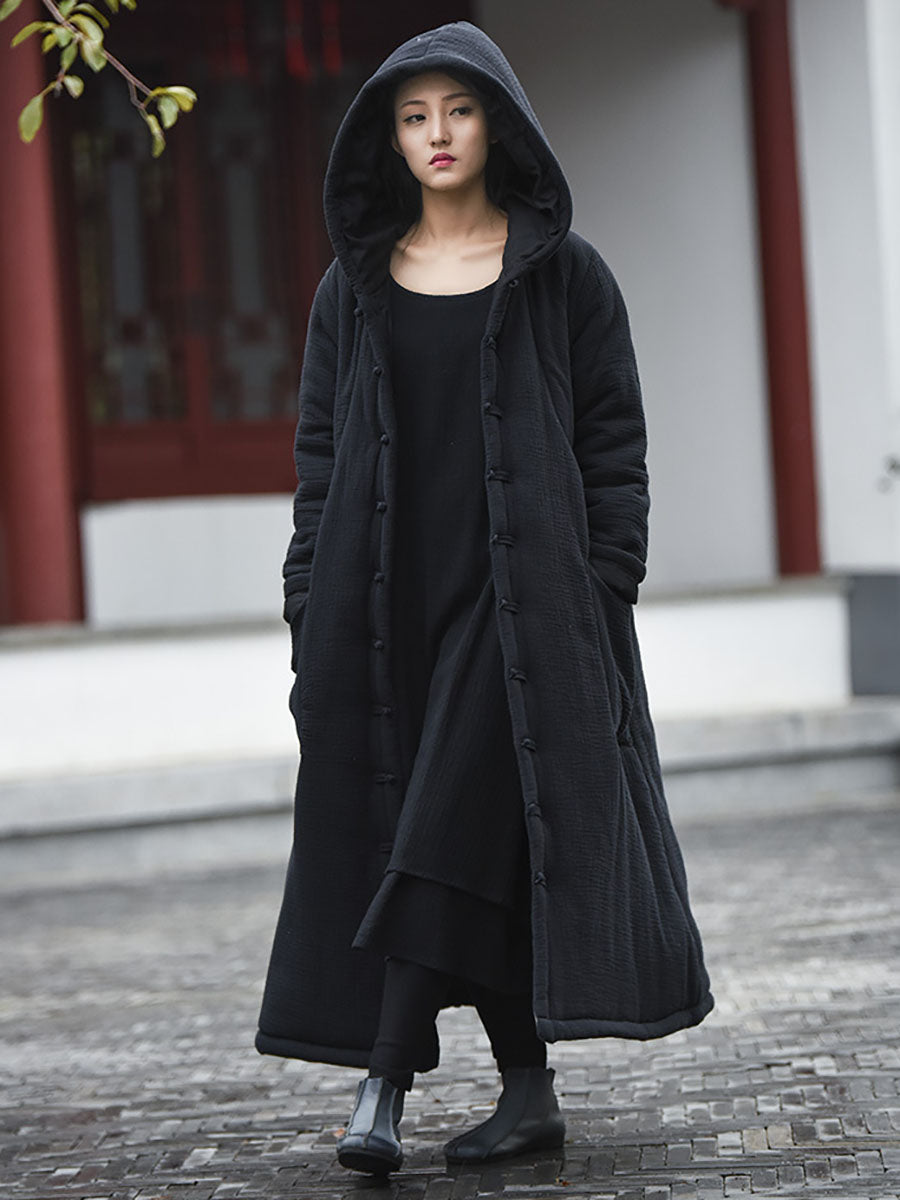 Winter Frog Pocket Hooded Long Coat