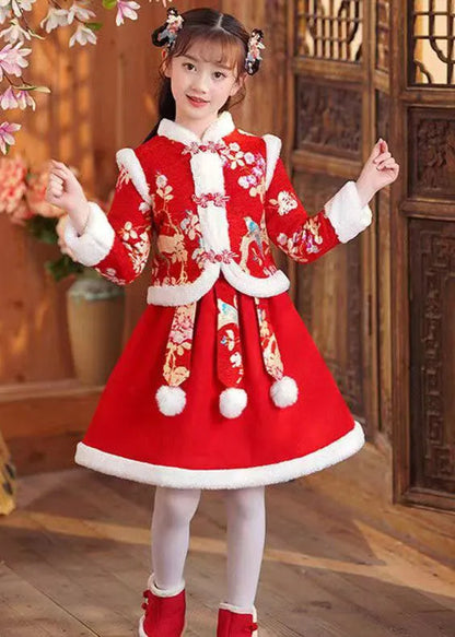 Red Print Coats and Skirts Two Pieces Set Long Sleeve