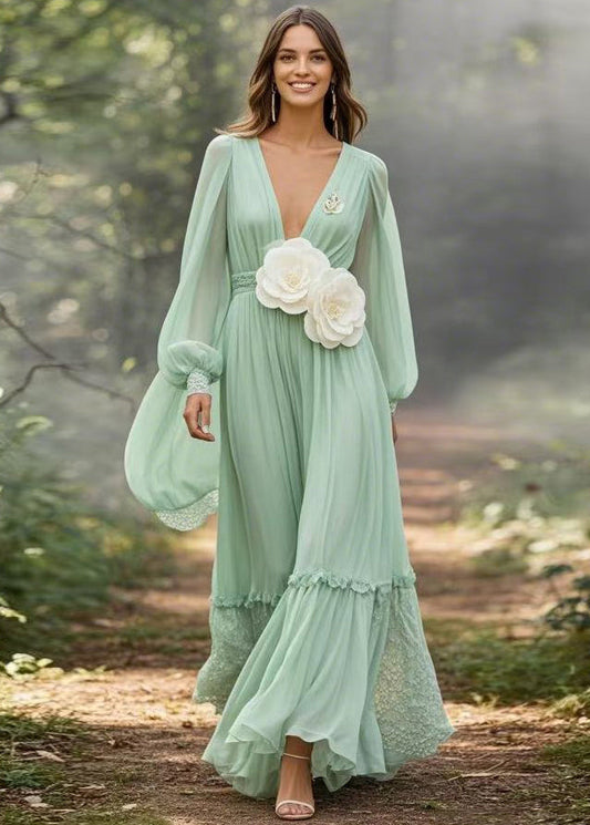 Boutique Light Green Ruffled Patchwork Chiffon Maxi Dresses Spring