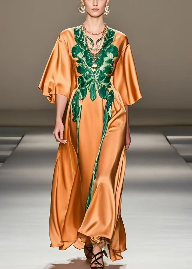 Orange Print Silk Long Dress Half Sleeve