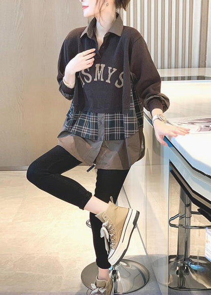 Loose Brown False Two Pieces Patchwork Cotton Shirt Top Fall