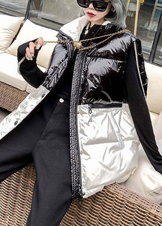 Black Patchwork White Pockets Bow Winter Sleeveless Puffer Vest