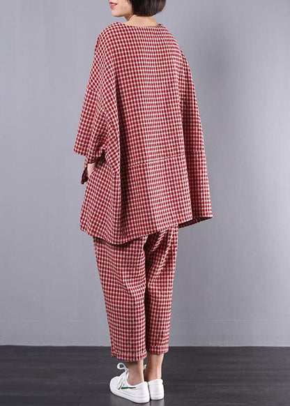Cotton Linen Red Plaid Blouse and Pants Two Pieces Set(limited Stock)