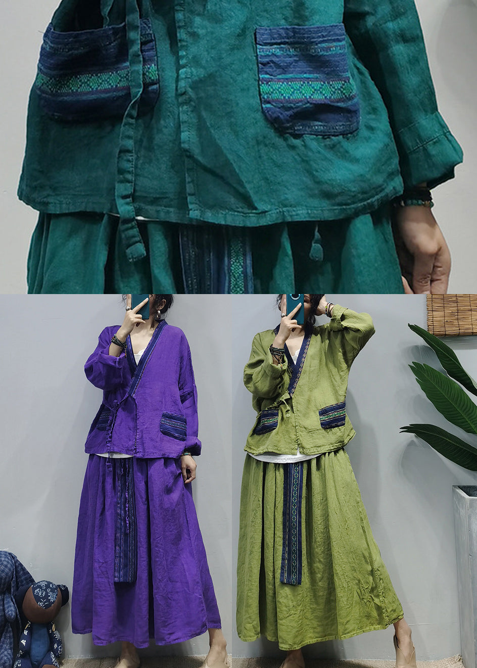 Chinese Style Purple Tie Waist Patchwork Linen Shirt Top a Line Skirt Two Piece Suit Set Long Sleeve