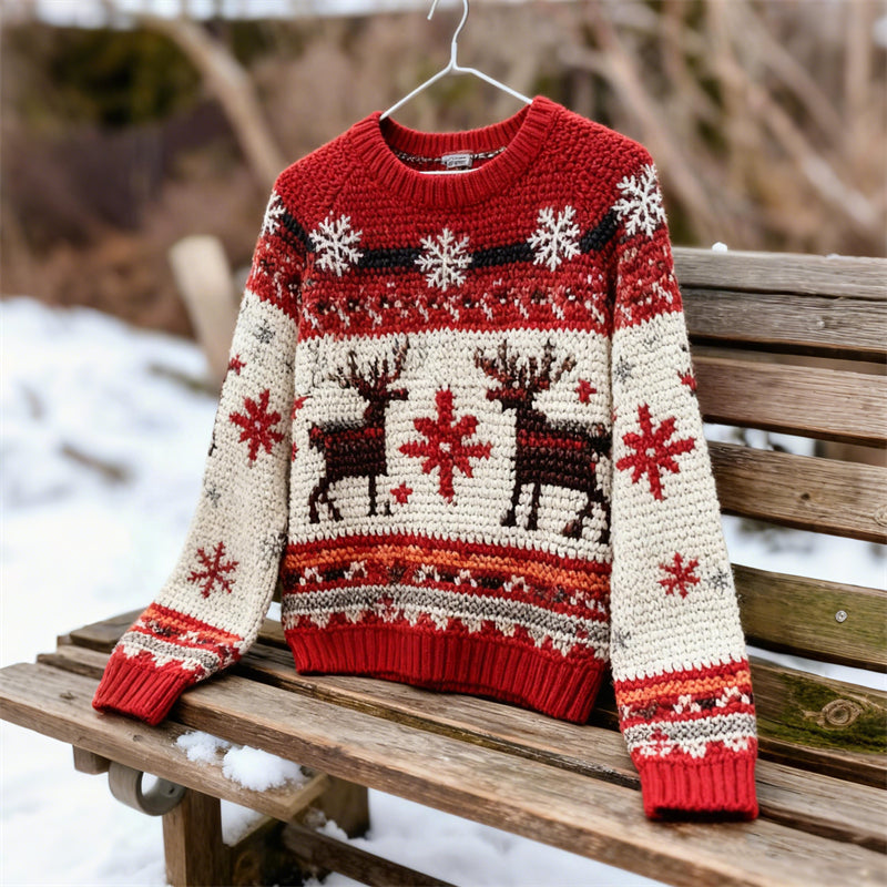 Comstylish Vintage Christmas Reindeers Snowflakes Crochet Isle Sweater