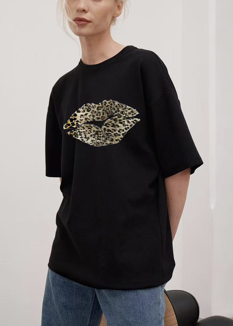 Loose Black O Neck Print Cotton T Shirt Summer