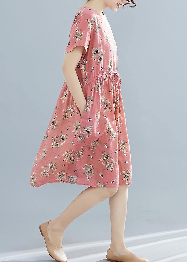 French O Neck Drawstring Chiffon Dress Pink Print Dresses Summer