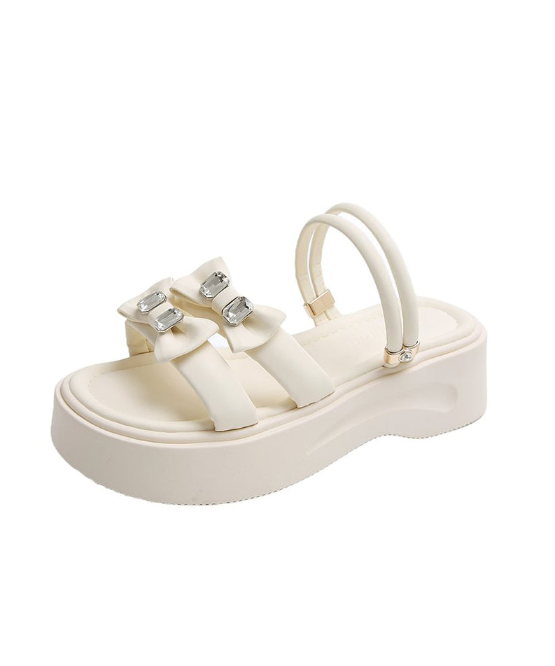 Bow Zircon Splicing Platform Black Faux Leather Slide Sandals