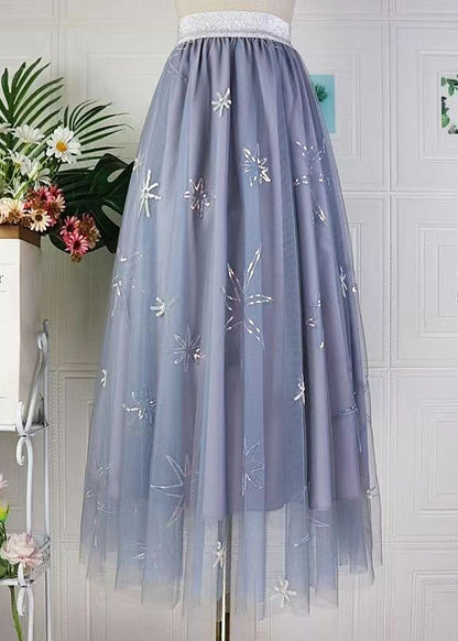 Pink Sequins Embroidered Elastic Waist Tulle Skirt Spring
