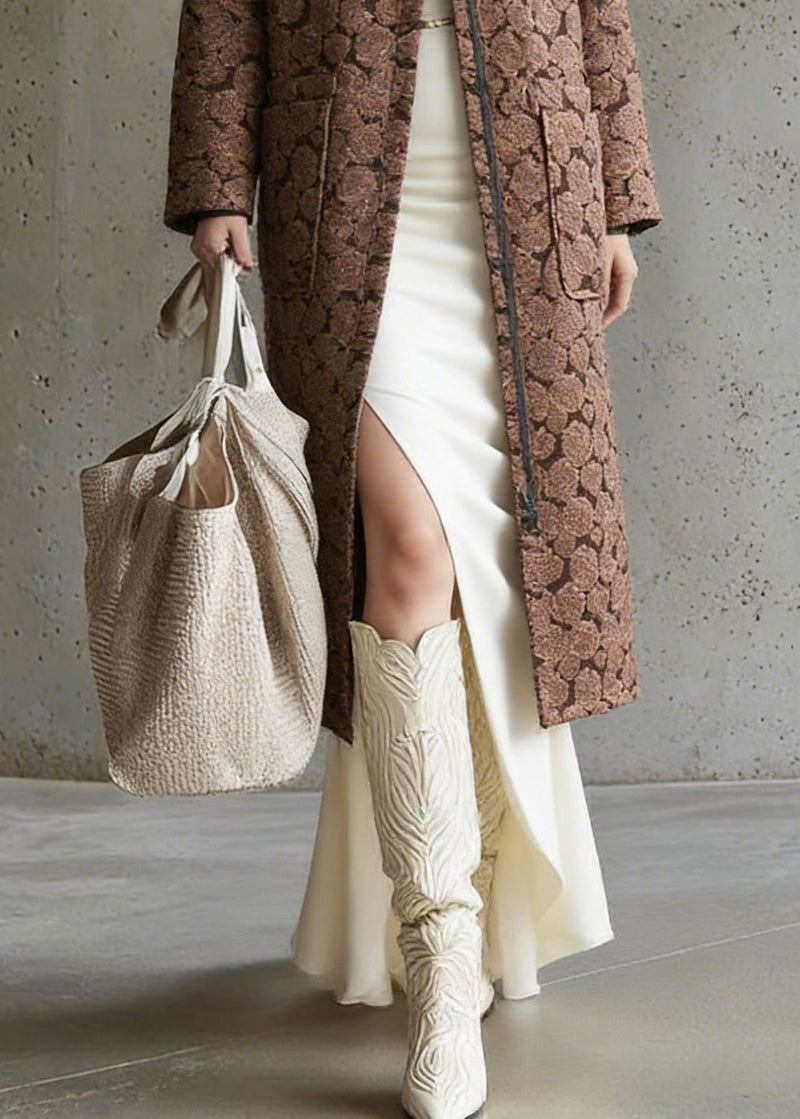 Brown Pockets Jacquard Cotton Filled Long Coats Zip Up