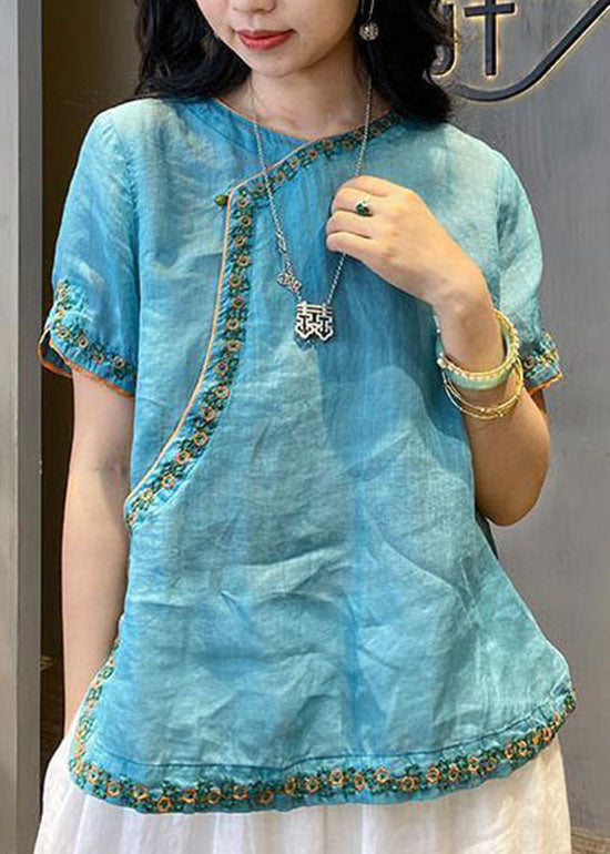 Chinese Style Yellow O-neck Embroidered Linen Tops Short Sleeve