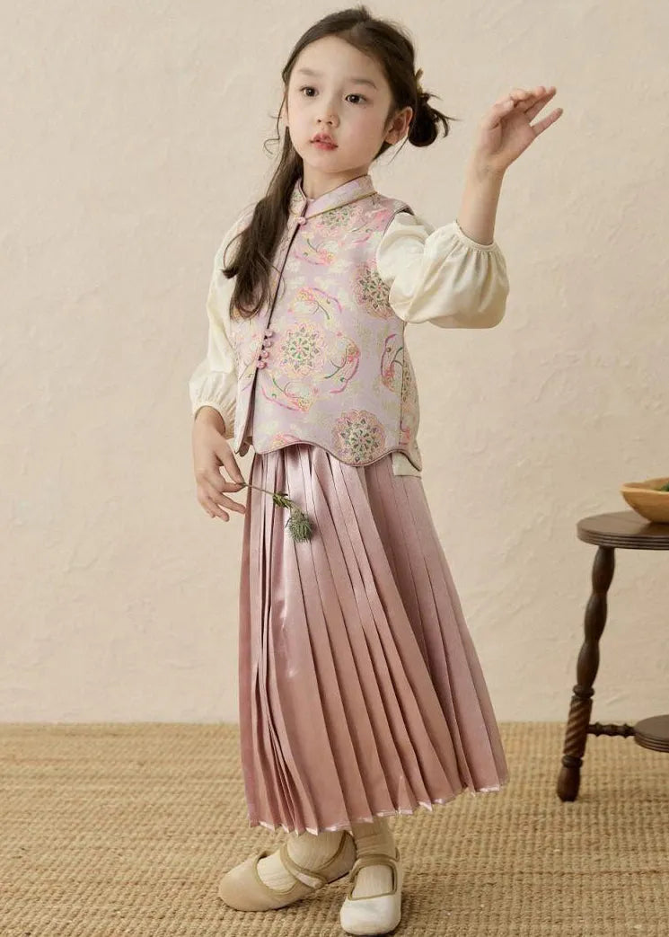 Chinese Style Print Stand Collar Print Kids Waistcoat Top and Maxi Skirts Three Pieces Set Spring
