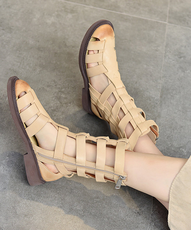 Beige Cowhide Leather Splicing Cross Strap Boots