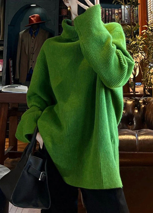 Loose Green Turtleneck Side Open Cotton Knit Sweater Spring