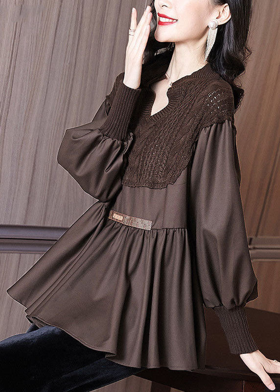 Coffee Patchwork Knit Blouse Tops V Neck Ruffles Long Sleeve