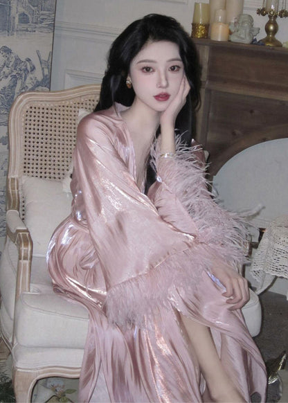 Pink V Neck Feather Patchwork Silk Dresses Long Sleeve