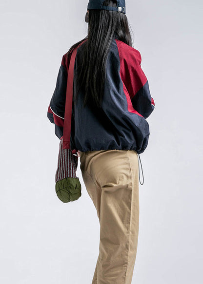 Red Zip Up Pockets Drawstring Patchwork Coat Fall
