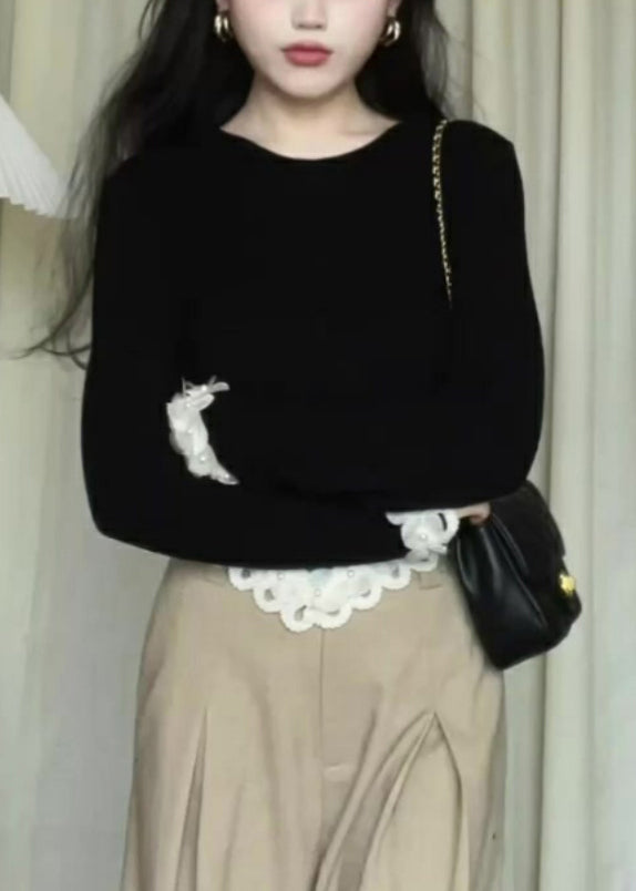 Black Asymmetrical Lace Patchwork Knit Sweaters Long Sleeve