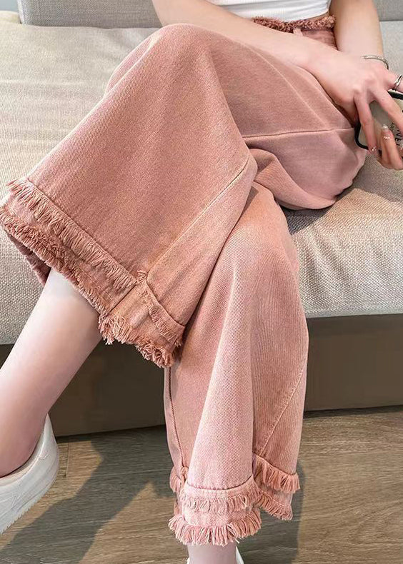 Pink Tasseled High Waist Denim Wide Leg Pants Spring