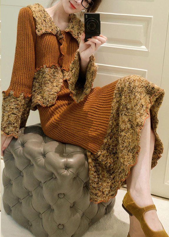 French Peter Pan Collar Print Patchwork Cotton Knit Cardigans and Maxi Skirts Two Pieces Set Spring