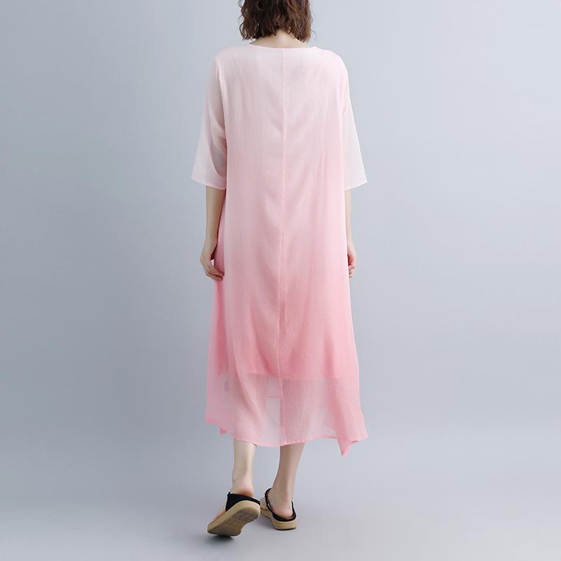 Fine Cotton Dresses Fake Two-piece Pockets Retro Pink Summer Dress