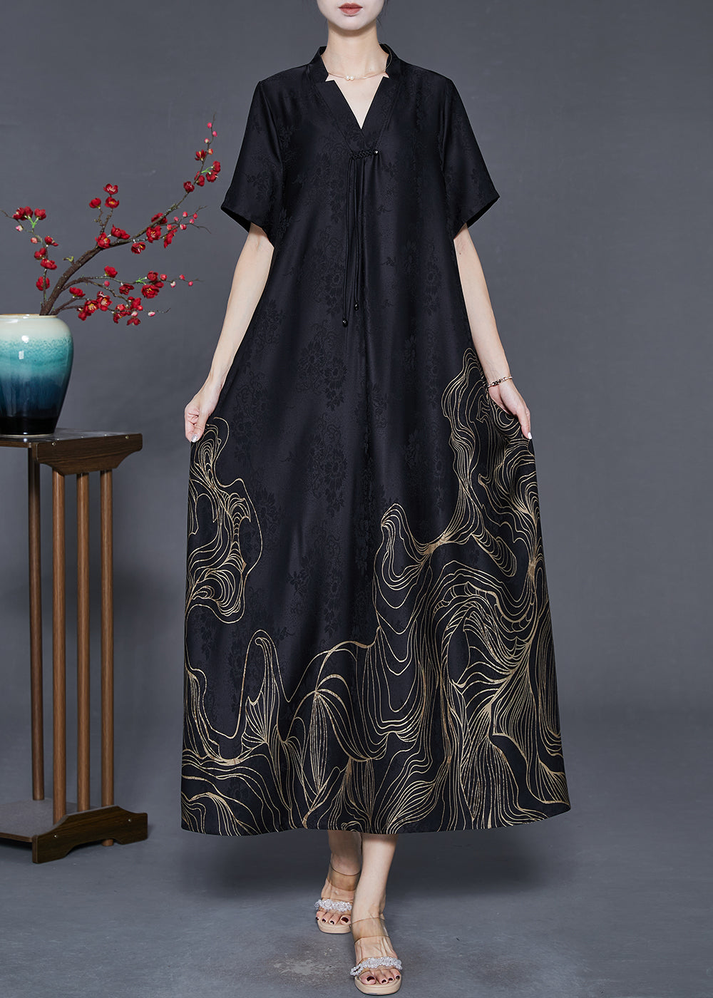 Black Tasseled Print Silk Dresses Summer