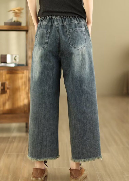 Blue Embroidered Pockets Denim Wide Leg Pants Spring