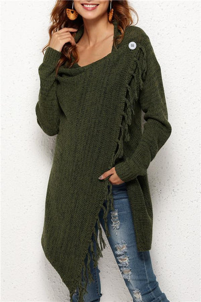 Tassel Asymmetrical Hem Shawl Speckled Fringe Cardigan - Khaki