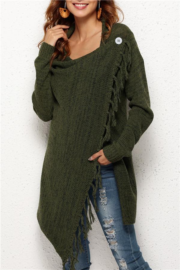Tassel Asymmetrical Hem Shawl Speckled Fringe Cardigan - Khaki
