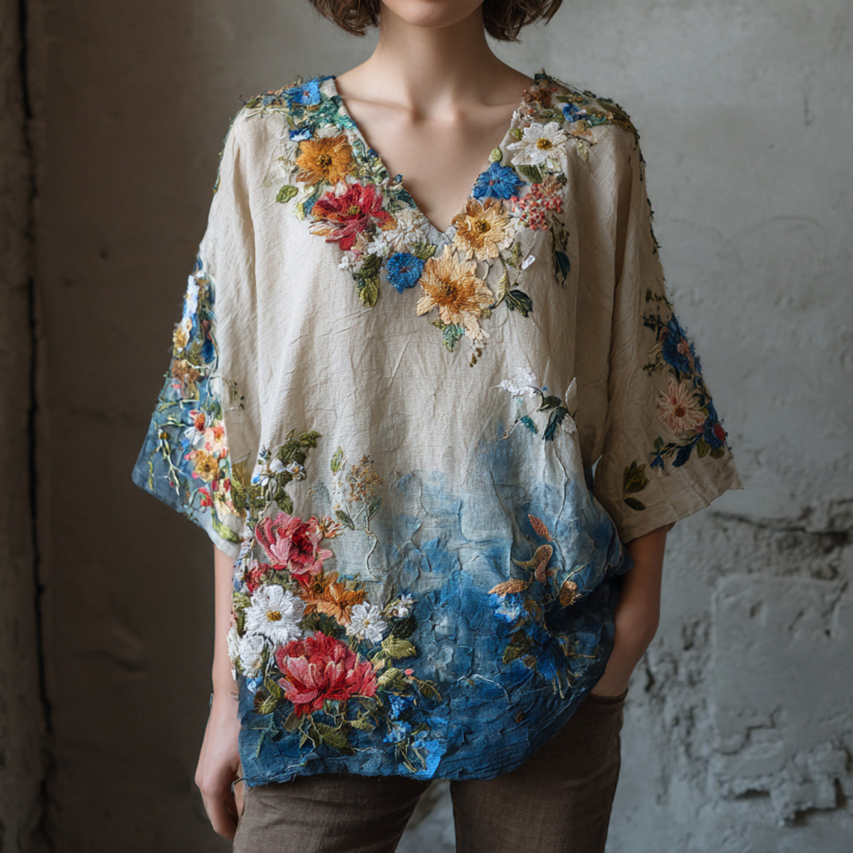Women's Vintage Flower Embroidery Art V-neck T Shirt elevenforest
