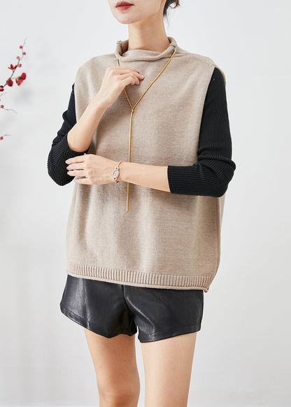 Khaki Turtle Neck Thick Wool Knit Vests Winter