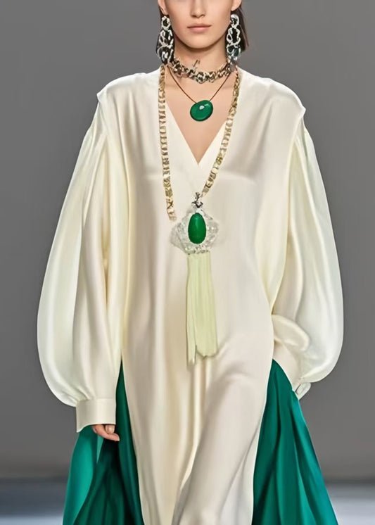 White Oversized Patchwork Silk Robe Dresses Spring