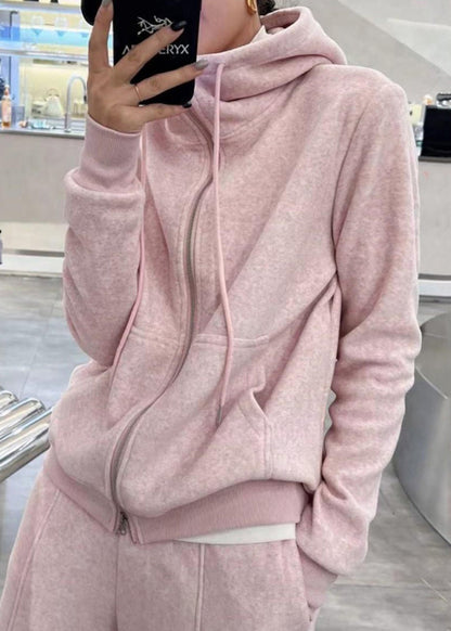 Grey Hooded Coats and Straight Pants Two Pieces Set Long Sleeve