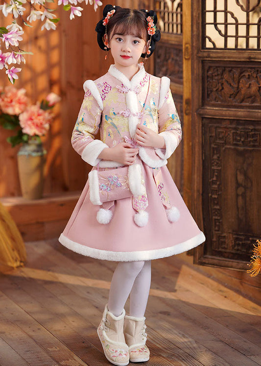 Pink Stand Collar Button Coats and Skirts Two Pieces Set Winter