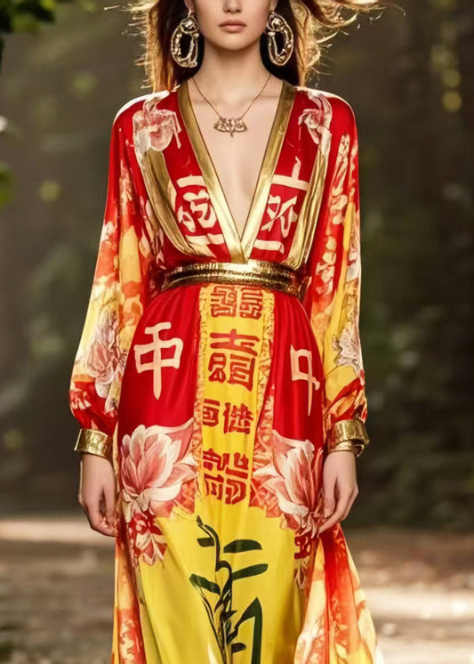Red Cinched Print Chiffon Holiday Dress Spring
