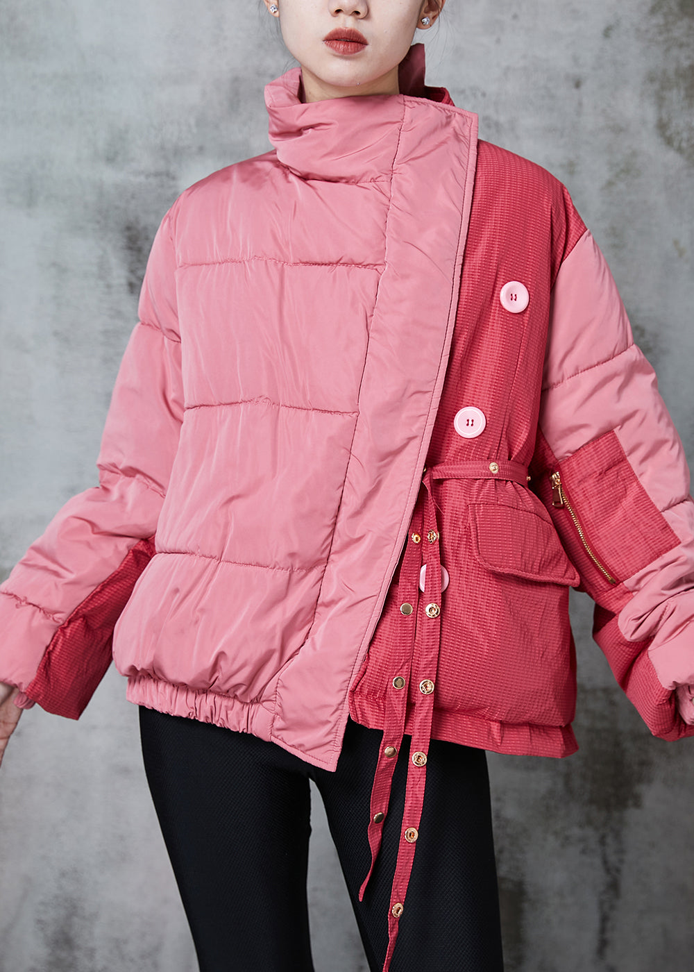 Pink Asymmetrical Patchwork Lace Up Fine Cotton Filled Parka Jacket Winter