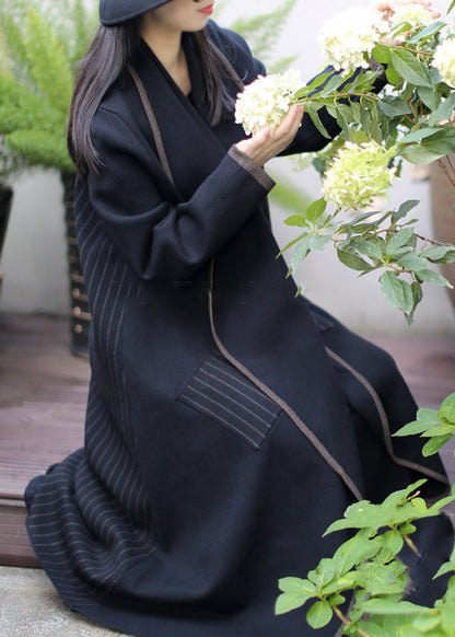Black Patchwork Knit Coat Outwear Peter Pan Collar Striped Winter