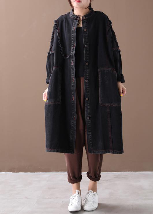 Denim Black Coat for Woman Tutorials Stand Collar Button Down Coats