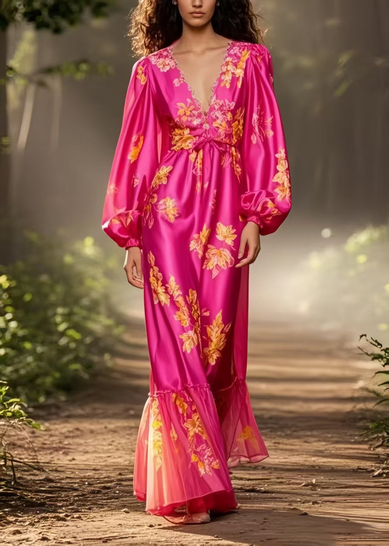 Italian Rose Cinched Print Silk Robe Dresses Spring