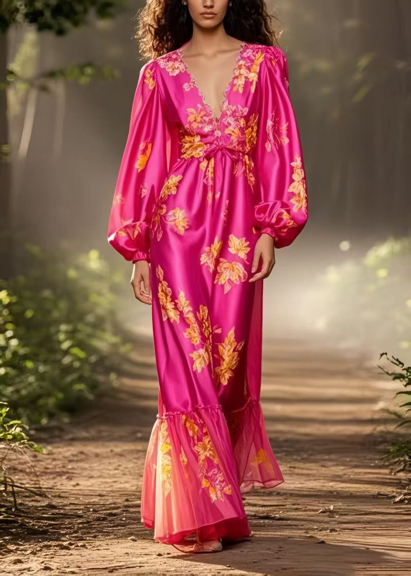 Italian Rose Cinched Print Silk Robe Dresses Spring