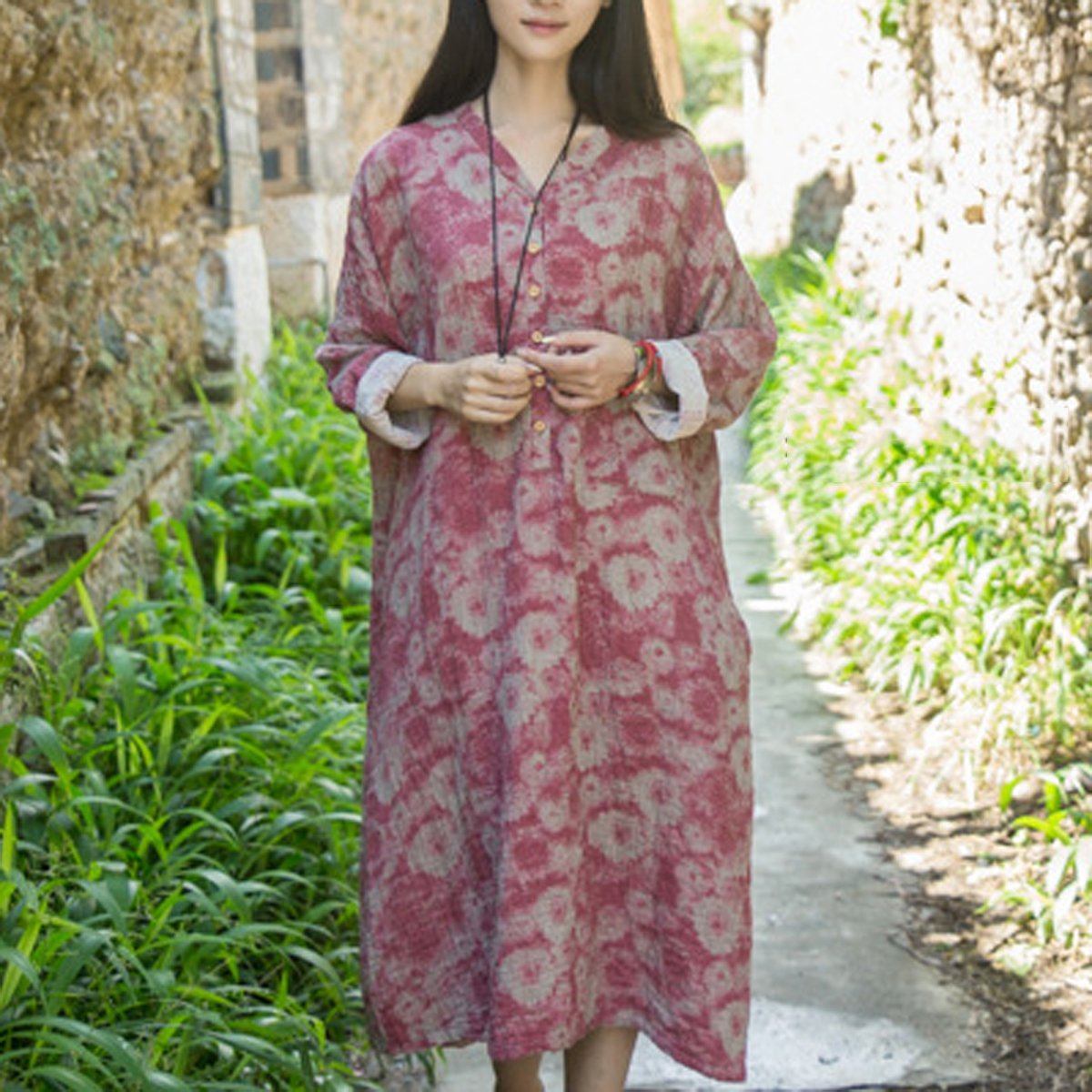 Cotton Linen Loose Fitting Dress Red / Blue