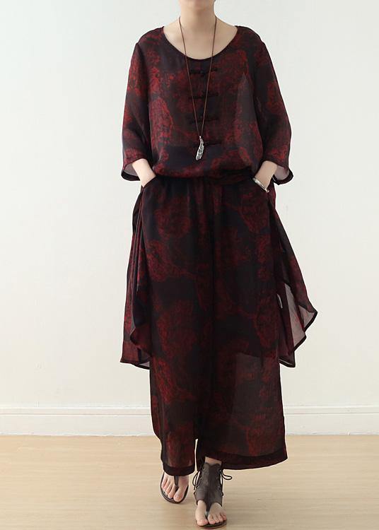 Red Prints Two Pieces Bracelet Sleeved Dress and Wide Leg Pants