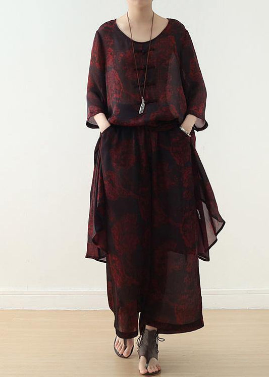 Red Prints Two Pieces Bracelet Sleeved Dress and Wide Leg Pants