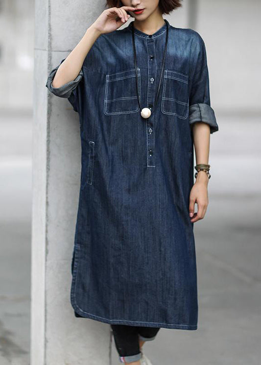 Simple Cotton Dress Fitted Blue Autumn Cotton Slit Denim Dress