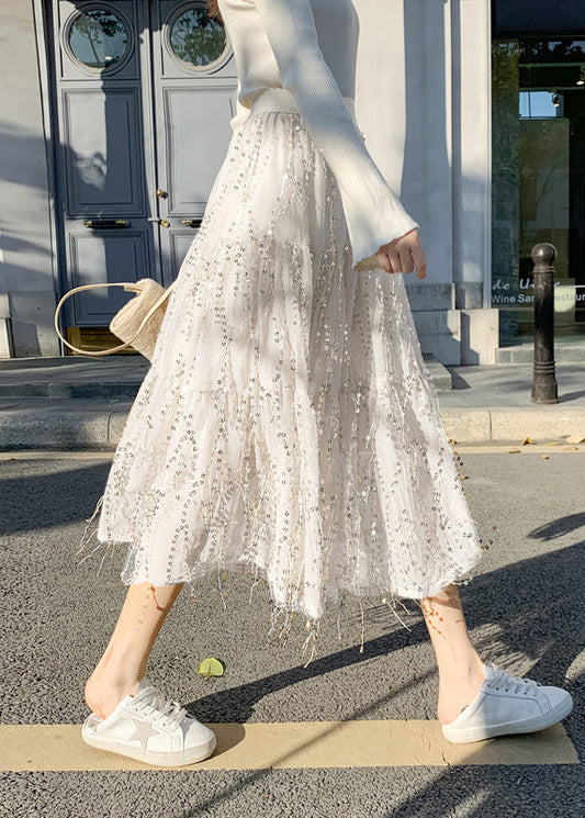 White High Waist Tassel Tulle a Line Skirts Spring
