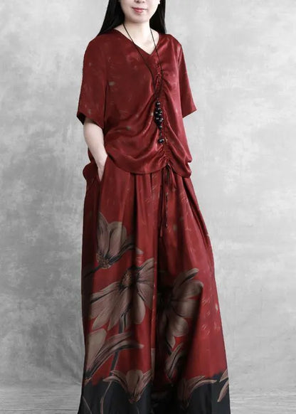 Style Female V-neck Red Large Size Was Thin Shirt + Skirt Pants