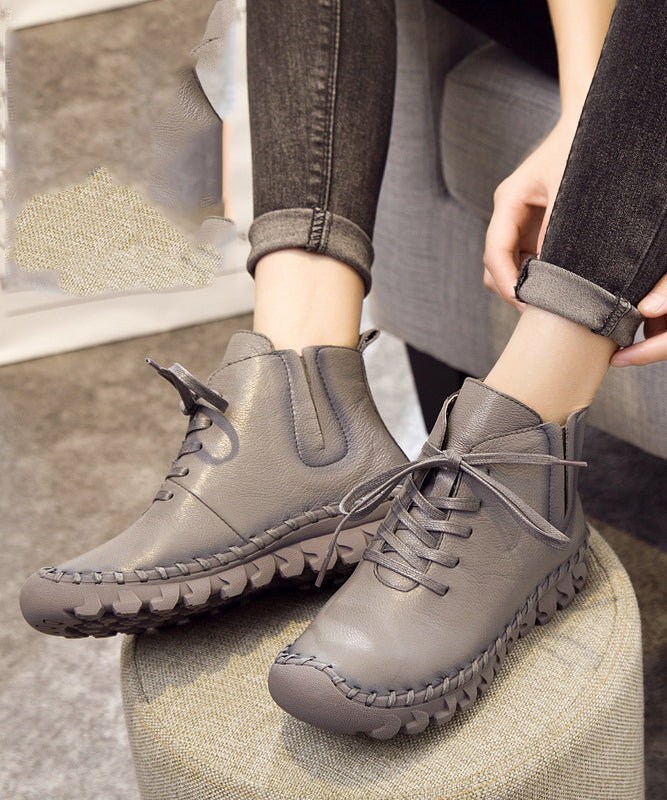 Black Genuine Leather Boots Warm Fleece Lace Up Boots
