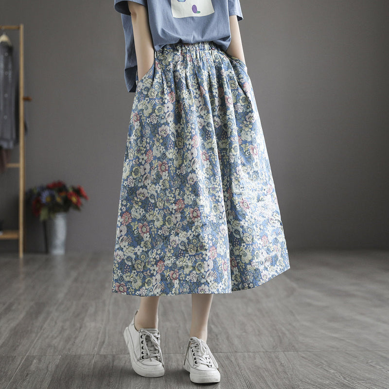 Literary Pleated Elastic Waist A-line Skirt