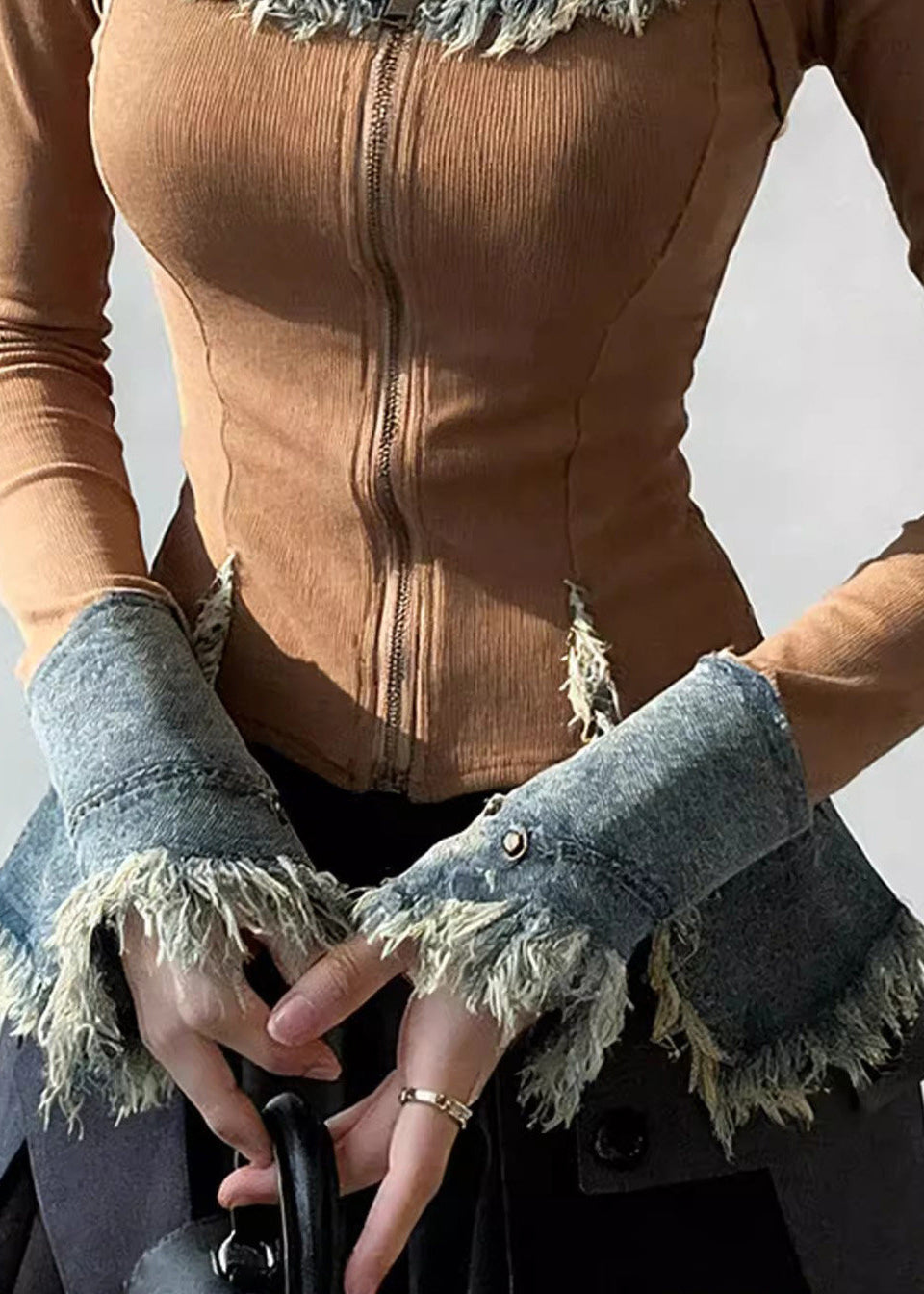 Square Collar Zippered Denim Patchwork T Shirt Spring